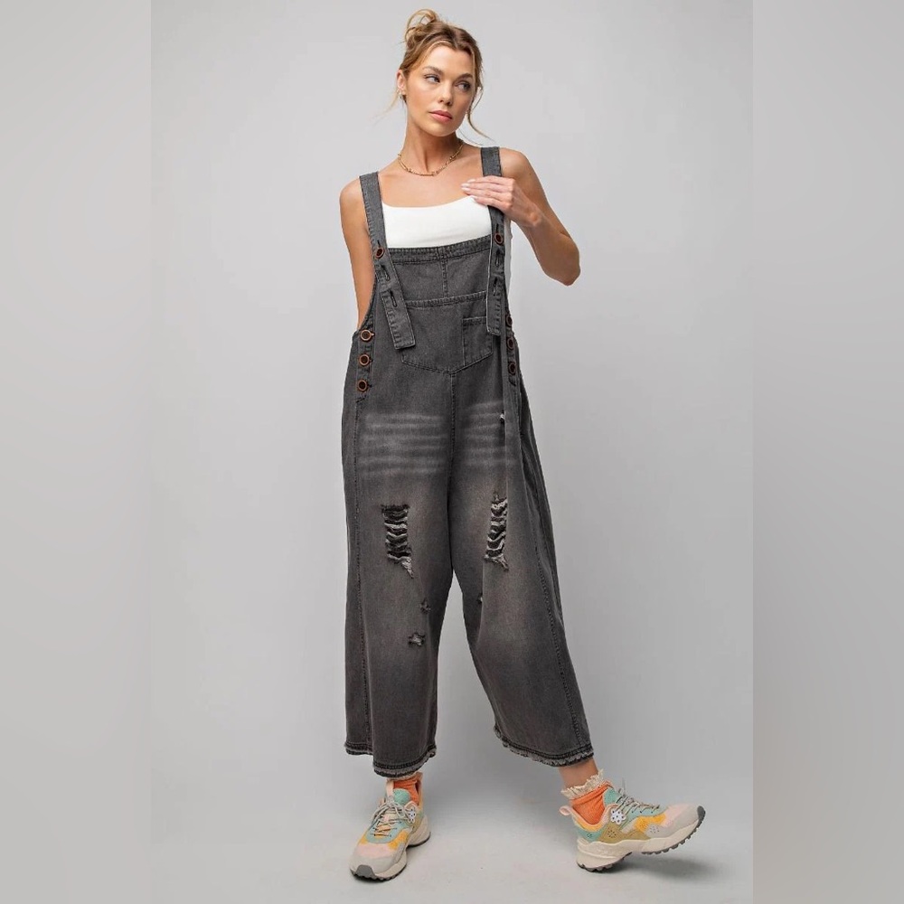 Easel Charcoal Distressed Denim Overalls